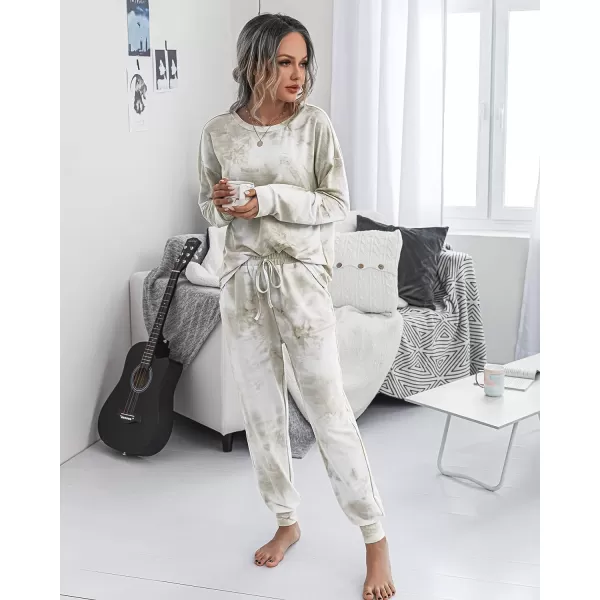imagePRETTYGARDEN Womens Tie Dye Two Piece Tracksuit Set Long Sleeve Sweatshirt with Long PantsKhaki