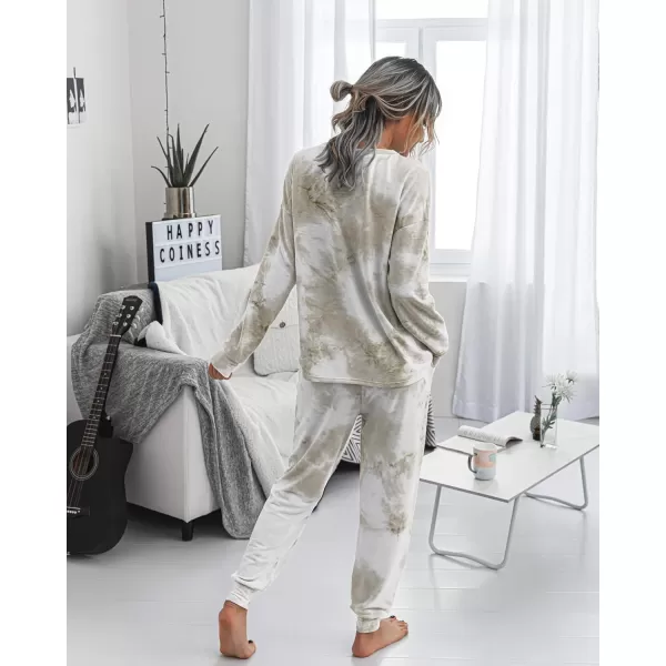 imagePRETTYGARDEN Womens Tie Dye Two Piece Tracksuit Set Long Sleeve Sweatshirt with Long PantsKhaki