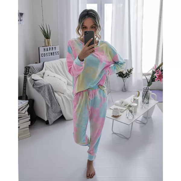 imagePRETTYGARDEN Womens Tie Dye Two Piece Tracksuit Set Long Sleeve Sweatshirt with Long PantsMulticolor