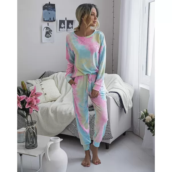 imagePRETTYGARDEN Womens Tie Dye Two Piece Tracksuit Set Long Sleeve Sweatshirt with Long PantsMulticolor