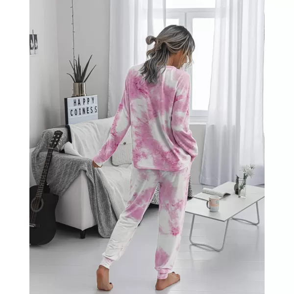 imagePRETTYGARDEN Womens Tie Dye Two Piece Tracksuit Set Long Sleeve Sweatshirt with Long PantsPink