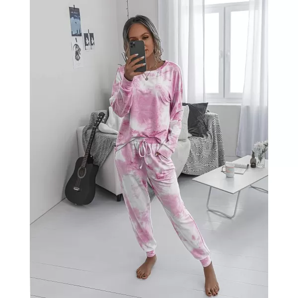 imagePRETTYGARDEN Womens Tie Dye Two Piece Tracksuit Set Long Sleeve Sweatshirt with Long PantsPink