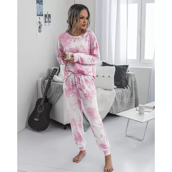 imagePRETTYGARDEN Womens Tie Dye Two Piece Tracksuit Set Long Sleeve Sweatshirt with Long PantsPink