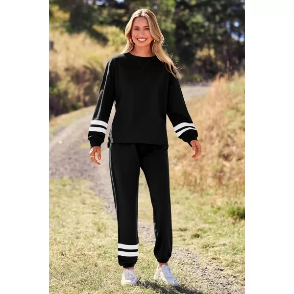 imagePRETTYGARDEN Womens Tie Dye Two Piece Tracksuit Set Long Sleeve Sweatshirt with Long PantsStriped Black