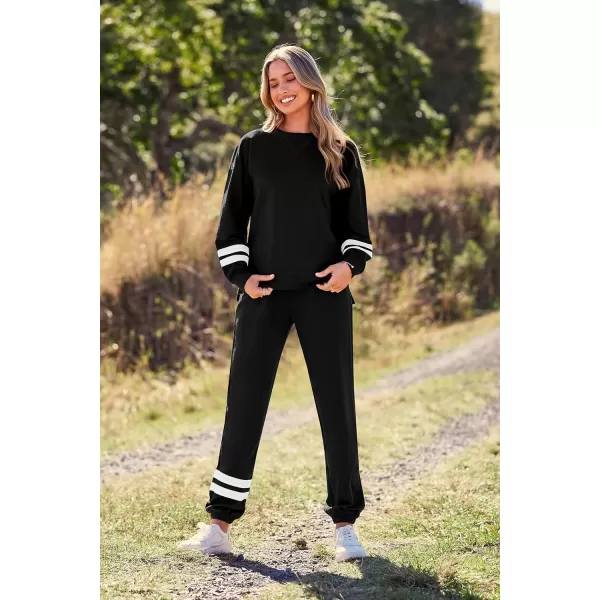 imagePRETTYGARDEN Womens Tie Dye Two Piece Tracksuit Set Long Sleeve Sweatshirt with Long PantsStriped Black