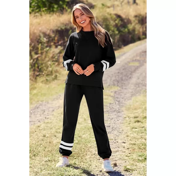 imagePRETTYGARDEN Womens Tie Dye Two Piece Tracksuit Set Long Sleeve Sweatshirt with Long PantsStriped Black