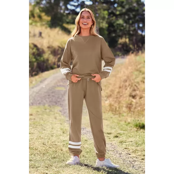 imagePRETTYGARDEN Womens Tie Dye Two Piece Tracksuit Set Long Sleeve Sweatshirt with Long PantsStriped Khaki