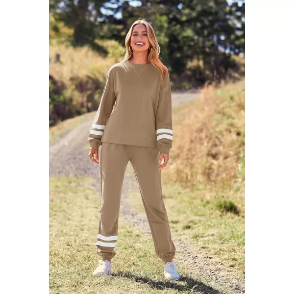imagePRETTYGARDEN Womens Tie Dye Two Piece Tracksuit Set Long Sleeve Sweatshirt with Long PantsStriped Khaki