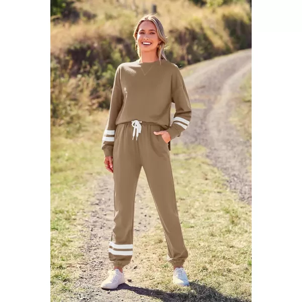 imagePRETTYGARDEN Womens Tie Dye Two Piece Tracksuit Set Long Sleeve Sweatshirt with Long PantsStriped Khaki