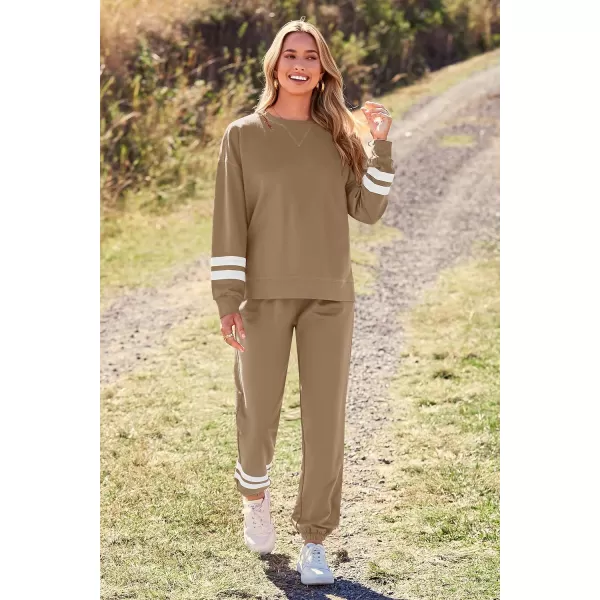 imagePRETTYGARDEN Womens Tie Dye Two Piece Tracksuit Set Long Sleeve Sweatshirt with Long PantsStriped Khaki