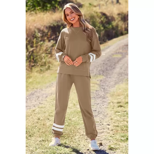 imagePRETTYGARDEN Womens Tie Dye Two Piece Tracksuit Set Long Sleeve Sweatshirt with Long PantsStriped Khaki