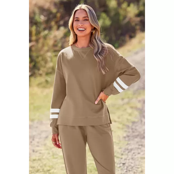 imagePRETTYGARDEN Womens Tie Dye Two Piece Tracksuit Set Long Sleeve Sweatshirt with Long PantsStriped Khaki