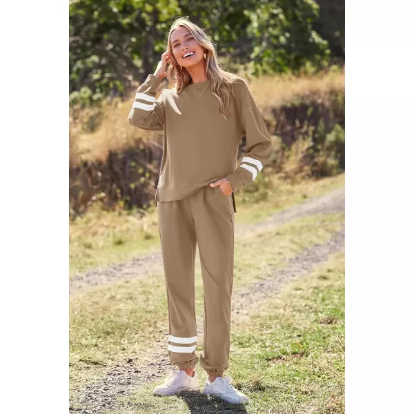imagePRETTYGARDEN Womens Tie Dye Two Piece Tracksuit Set Long Sleeve Sweatshirt with Long PantsStriped Khaki