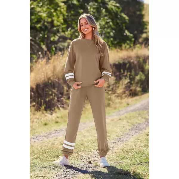 imagePRETTYGARDEN Womens Tie Dye Two Piece Tracksuit Set Long Sleeve Sweatshirt with Long PantsStriped Khaki
