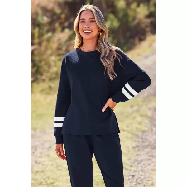 imagePRETTYGARDEN Womens Tie Dye Two Piece Tracksuit Set Long Sleeve Sweatshirt with Long PantsStriped Navy