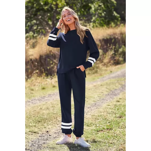 imagePRETTYGARDEN Womens Tie Dye Two Piece Tracksuit Set Long Sleeve Sweatshirt with Long PantsStriped Navy