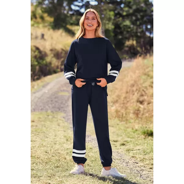 imagePRETTYGARDEN Womens Tie Dye Two Piece Tracksuit Set Long Sleeve Sweatshirt with Long PantsStriped Navy