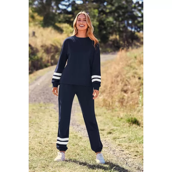 imagePRETTYGARDEN Womens Tie Dye Two Piece Tracksuit Set Long Sleeve Sweatshirt with Long PantsStriped Navy