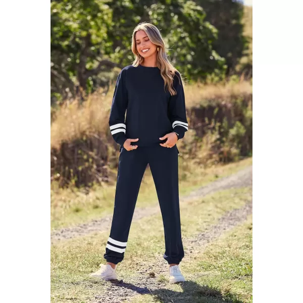 imagePRETTYGARDEN Womens Tie Dye Two Piece Tracksuit Set Long Sleeve Sweatshirt with Long PantsStriped Navy