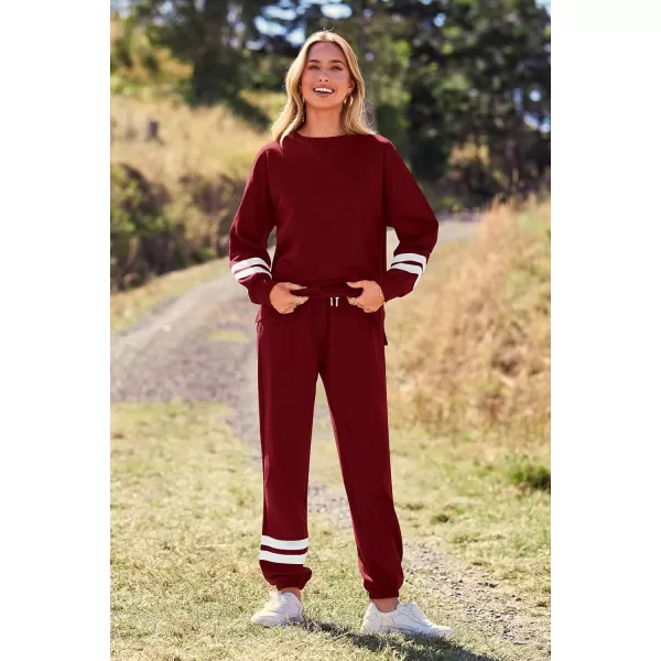 imagePRETTYGARDEN Womens Tie Dye Two Piece Tracksuit Set Long Sleeve Sweatshirt with Long PantsStriped Wine Red