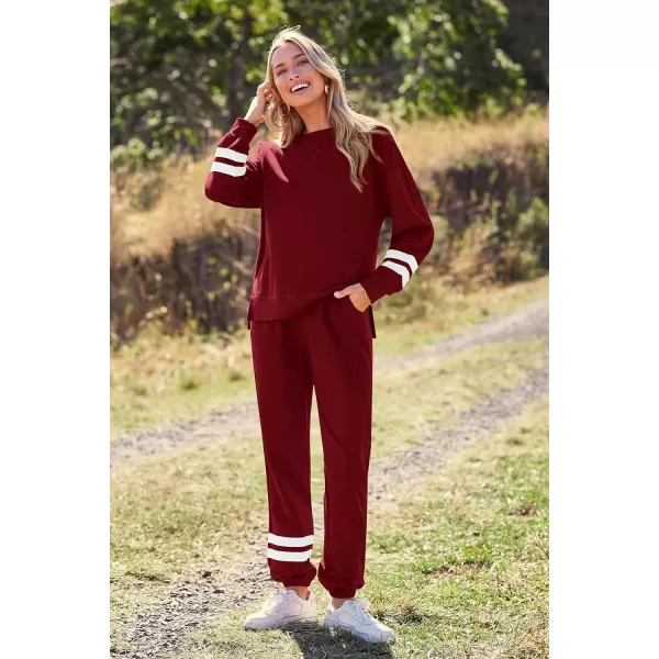 imagePRETTYGARDEN Womens Tie Dye Two Piece Tracksuit Set Long Sleeve Sweatshirt with Long PantsStriped Wine Red
