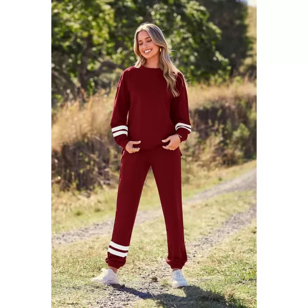imagePRETTYGARDEN Womens Tie Dye Two Piece Tracksuit Set Long Sleeve Sweatshirt with Long PantsStriped Wine Red