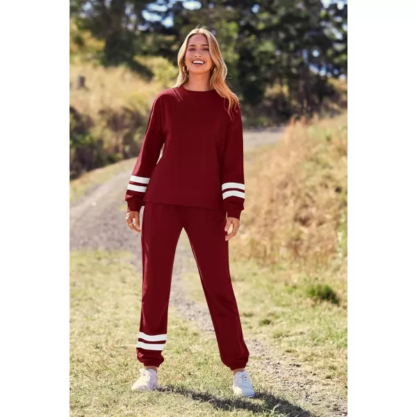imagePRETTYGARDEN Womens Tie Dye Two Piece Tracksuit Set Long Sleeve Sweatshirt with Long PantsStriped Wine Red