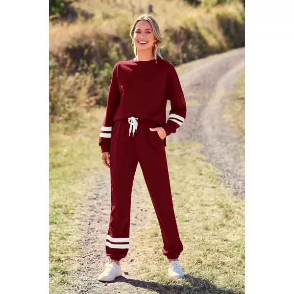imagePRETTYGARDEN Womens Tie Dye Two Piece Tracksuit Set Long Sleeve Sweatshirt with Long PantsStriped Wine Red