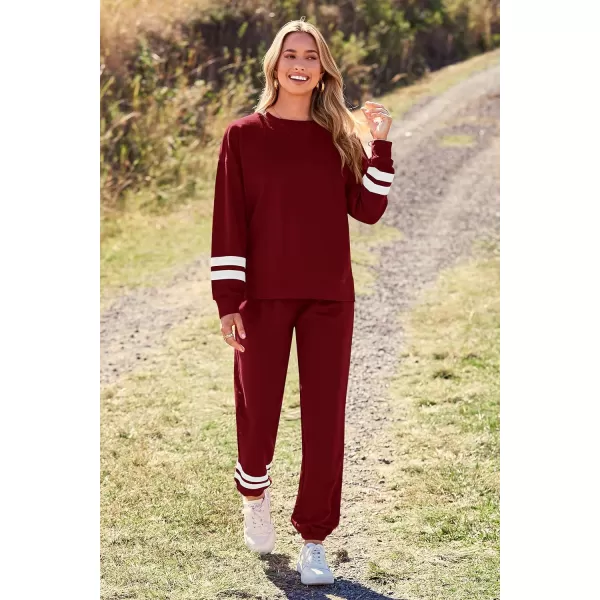 imagePRETTYGARDEN Womens Tie Dye Two Piece Tracksuit Set Long Sleeve Sweatshirt with Long PantsStriped Wine Red