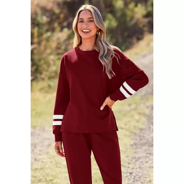 imagePRETTYGARDEN Womens Tie Dye Two Piece Tracksuit Set Long Sleeve Sweatshirt with Long PantsStriped Wine Red