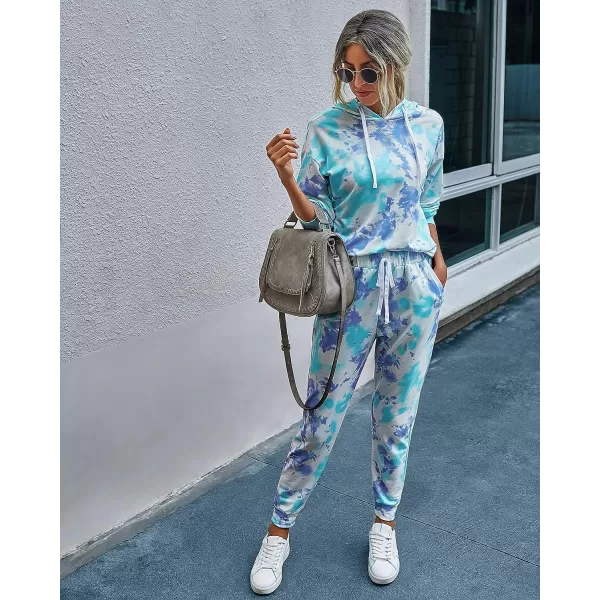 imagePRETTYGARDEN Womens Tie Dye Two Piece Tracksuit Set Long Sleeve Sweatshirt with Long PantsTie Dyelight Blue