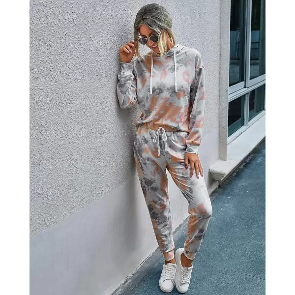 imagePRETTYGARDEN Womens Tie Dye Two Piece Tracksuit Set Long Sleeve Sweatshirt with Long PantsTie Dyeorange