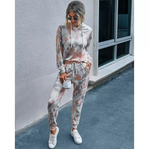 imagePRETTYGARDEN Womens Tie Dye Two Piece Tracksuit Set Long Sleeve Sweatshirt with Long PantsTie Dyeorange
