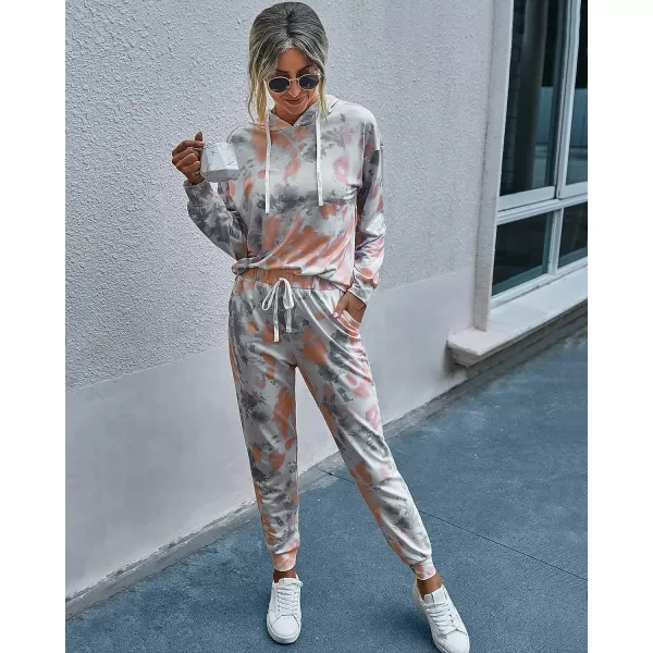 imagePRETTYGARDEN Womens Tie Dye Two Piece Tracksuit Set Long Sleeve Sweatshirt with Long PantsTie Dyeorange