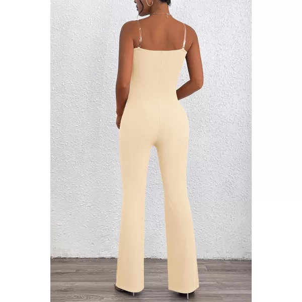 imagePRETTYGARDEN Womens Tube Bodycon Jumpsuits Dressy Casual Ribbed Sleeveless Flare Leg Pants RompersBeige