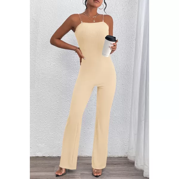 imagePRETTYGARDEN Womens Tube Bodycon Jumpsuits Dressy Casual Ribbed Sleeveless Flare Leg Pants RompersBeige