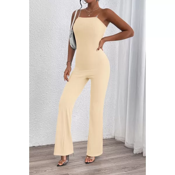 imagePRETTYGARDEN Womens Tube Bodycon Jumpsuits Dressy Casual Ribbed Sleeveless Flare Leg Pants RompersBeige