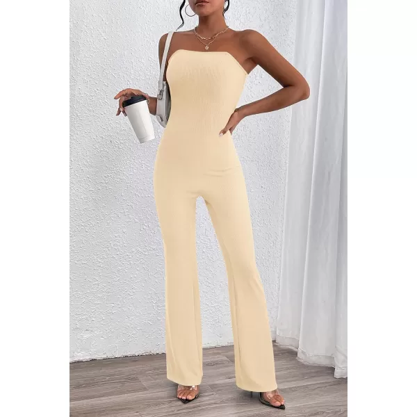 imagePRETTYGARDEN Womens Tube Bodycon Jumpsuits Dressy Casual Ribbed Sleeveless Flare Leg Pants RompersBeige