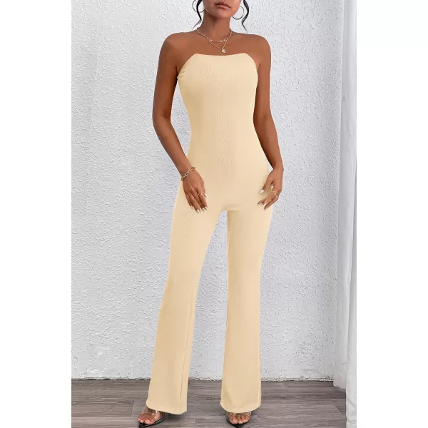 imagePRETTYGARDEN Womens Tube Bodycon Jumpsuits Dressy Casual Ribbed Sleeveless Flare Leg Pants RompersBeige