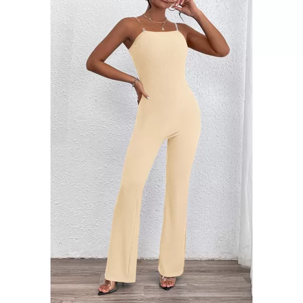 imagePRETTYGARDEN Womens Tube Bodycon Jumpsuits Dressy Casual Ribbed Sleeveless Flare Leg Pants RompersBeige