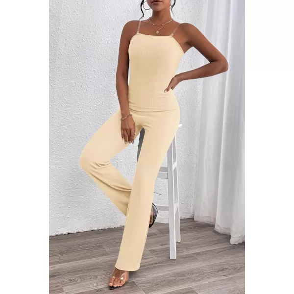 imagePRETTYGARDEN Womens Tube Bodycon Jumpsuits Dressy Casual Ribbed Sleeveless Flare Leg Pants RompersBeige