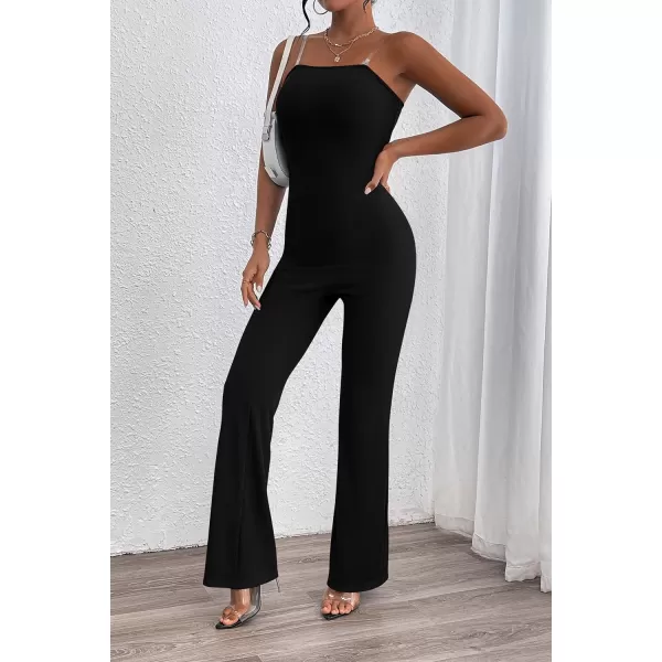 imagePRETTYGARDEN Womens Tube Bodycon Jumpsuits Dressy Casual Ribbed Sleeveless Flare Leg Pants RompersBlack