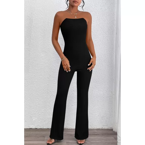 imagePRETTYGARDEN Womens Tube Bodycon Jumpsuits Dressy Casual Ribbed Sleeveless Flare Leg Pants RompersBlack