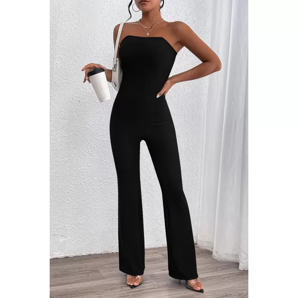 imagePRETTYGARDEN Womens Tube Bodycon Jumpsuits Dressy Casual Ribbed Sleeveless Flare Leg Pants RompersBlack