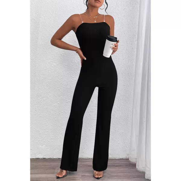 imagePRETTYGARDEN Womens Tube Bodycon Jumpsuits Dressy Casual Ribbed Sleeveless Flare Leg Pants RompersBlack