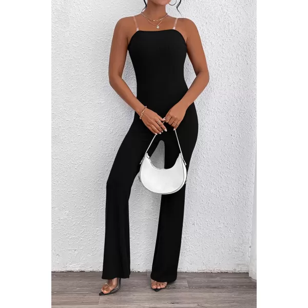 imagePRETTYGARDEN Womens Tube Bodycon Jumpsuits Dressy Casual Ribbed Sleeveless Flare Leg Pants RompersBlack