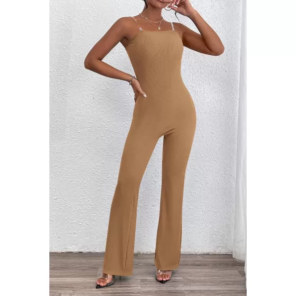imagePRETTYGARDEN Womens Tube Bodycon Jumpsuits Dressy Casual Ribbed Sleeveless Flare Leg Pants RompersCamel