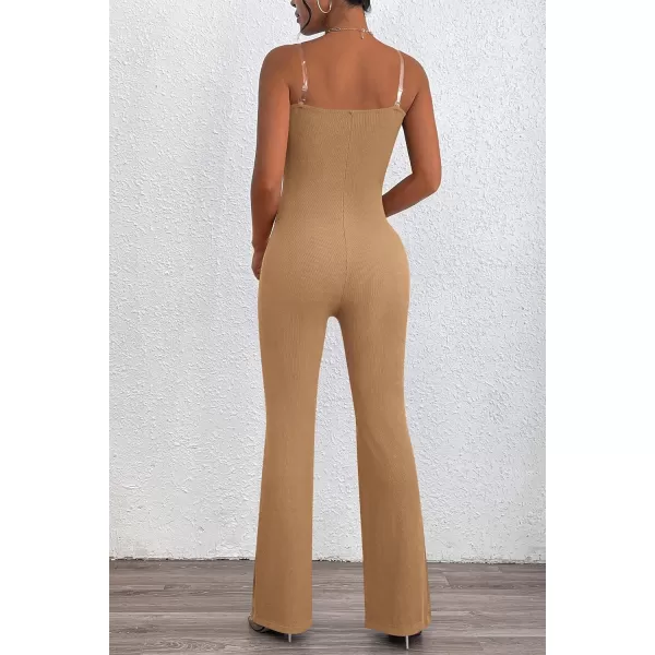 imagePRETTYGARDEN Womens Tube Bodycon Jumpsuits Dressy Casual Ribbed Sleeveless Flare Leg Pants RompersCamel