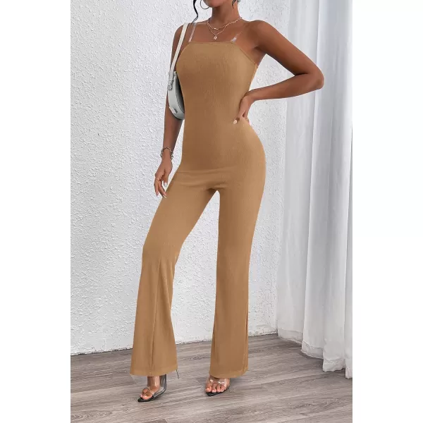 imagePRETTYGARDEN Womens Tube Bodycon Jumpsuits Dressy Casual Ribbed Sleeveless Flare Leg Pants RompersCamel