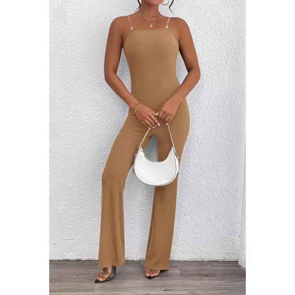 imagePRETTYGARDEN Womens Tube Bodycon Jumpsuits Dressy Casual Ribbed Sleeveless Flare Leg Pants RompersCamel